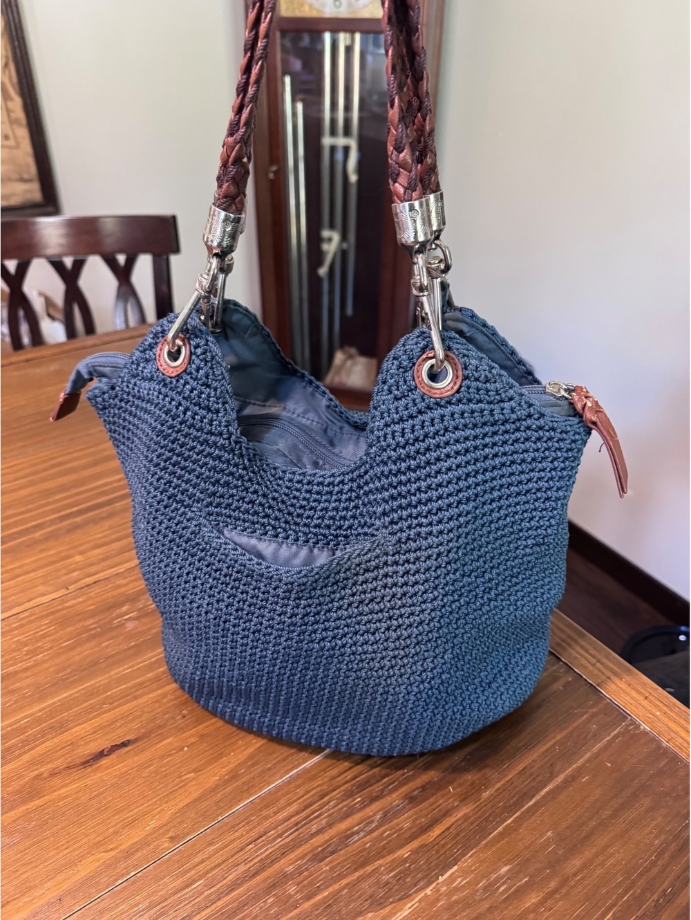The Sak Crochet Hobo Shoulder Bag Blue Brown Braided Handles Boho Y2K Purse